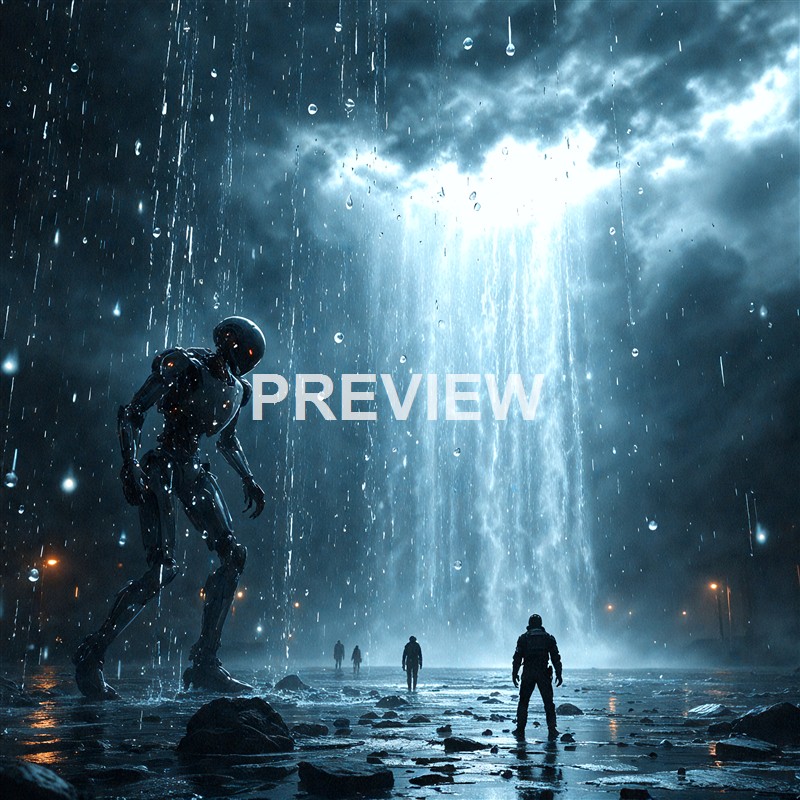 The image depicts a futuristic scene with a humanoid robot standing on a rocky surface during a rainstorm, with dark clouds, lightning, and a bright light in the background, along with several human figures in the distance.